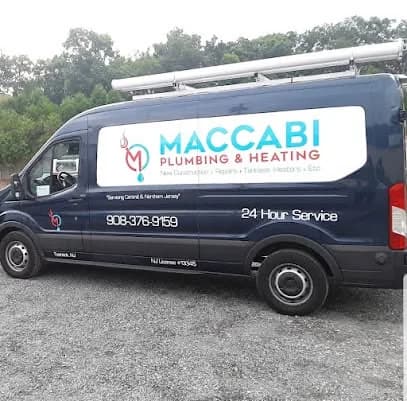 Maccabi Plumbing & Heating branded service van, lettered with NJ Master Plumber license #13345 and 24-hour service