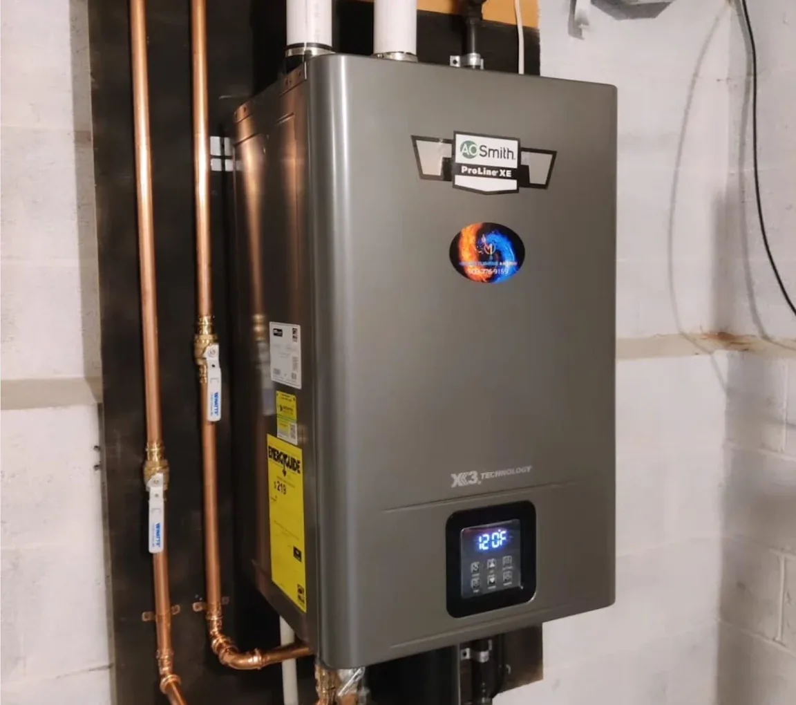 A wall-mounted high-efficiency A.O. Smith water heater plumbed in copper in a northern New Jersey basement