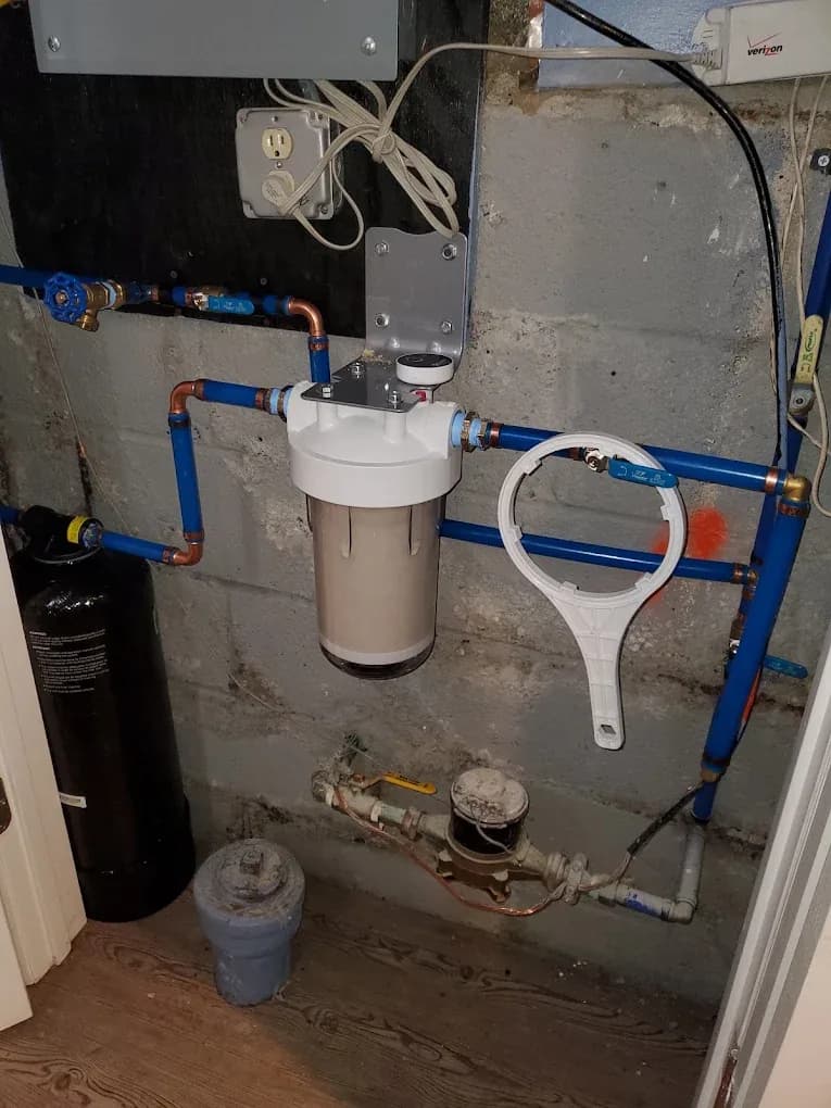 A whole-house filter housing and water meter on the incoming service line in a northern New Jersey basement